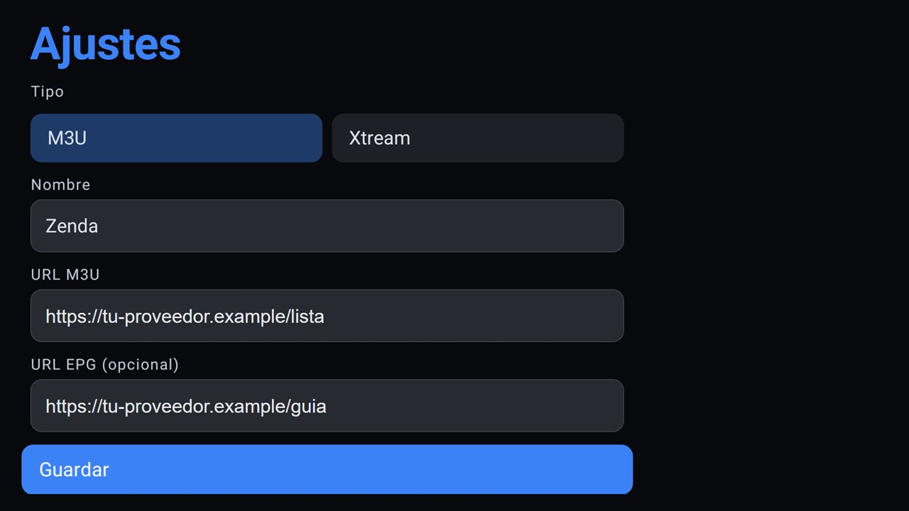 Formulario para añadir una lista M3U con nombre, URL M3U y URL EPG