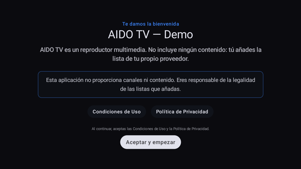 Pantalla de bienvenida de AIDO TV