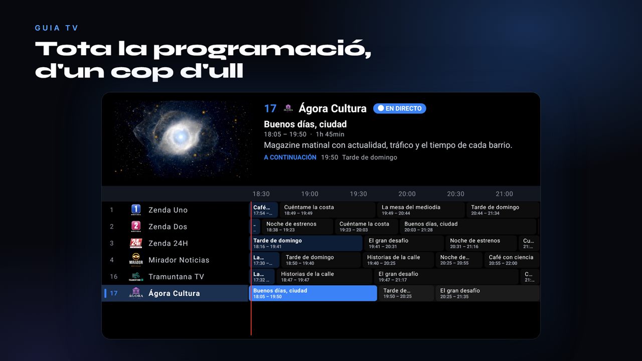 Guia de programació d'AIDO TV amb tots els canals alineats amb el rellotge