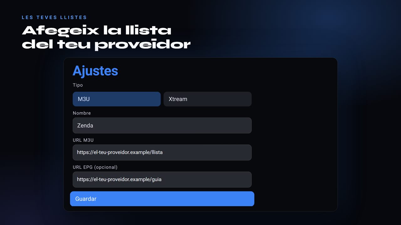 Pantalla per afegir la llista del teu proveïdor
