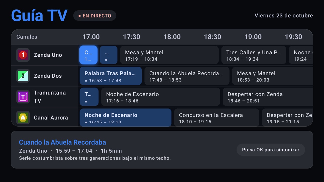 Guía de programación de AIDO TV con todos los canales alineados con el reloj