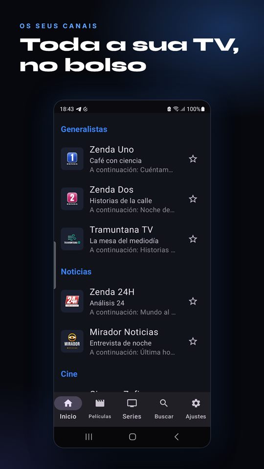 Ecrã inicial do AIDO TV no telemóvel