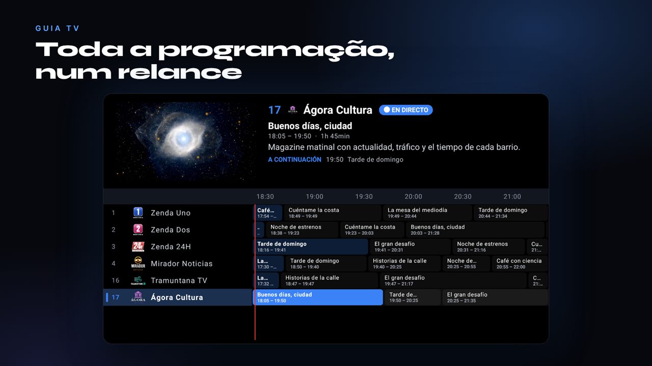 Guia de programação do AIDO TV com todos os canais alinhados com o relógio
