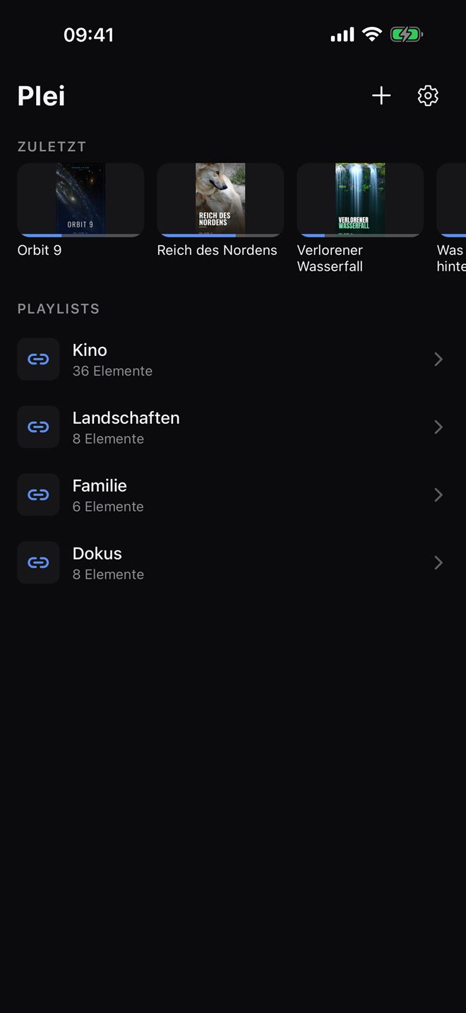 Plei-Bibliothek auf einem iPhone mit Playlists und zuletzt abgespielten Elementen