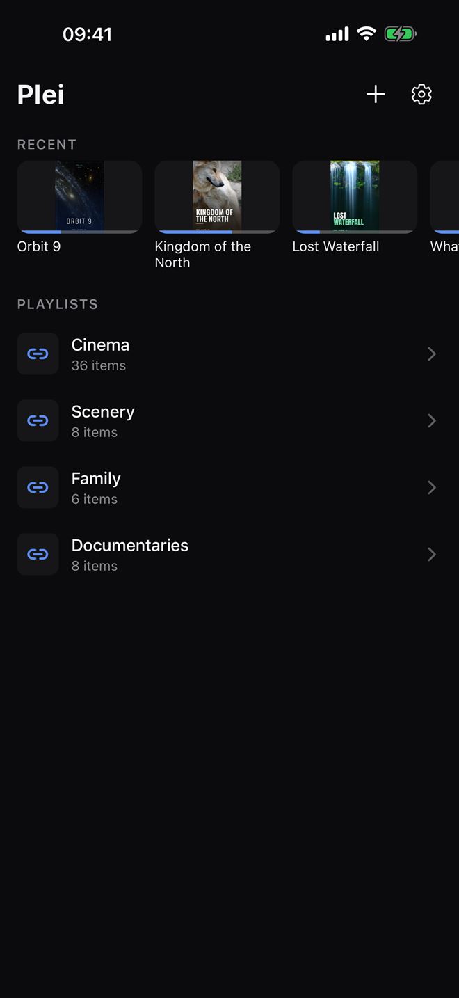 Plei library on an iPhone, showing playlists and recent items