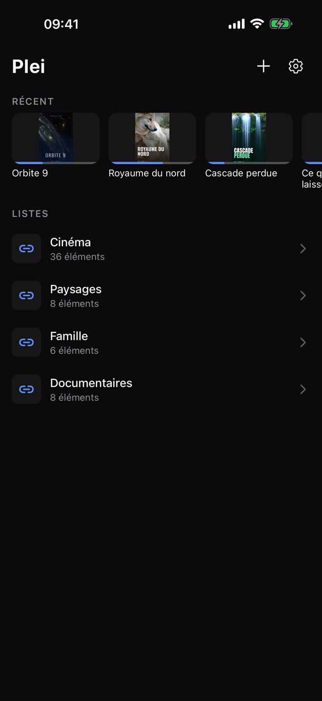 Bibliothèque de Plei sur un iPhone, avec des listes et des éléments récents