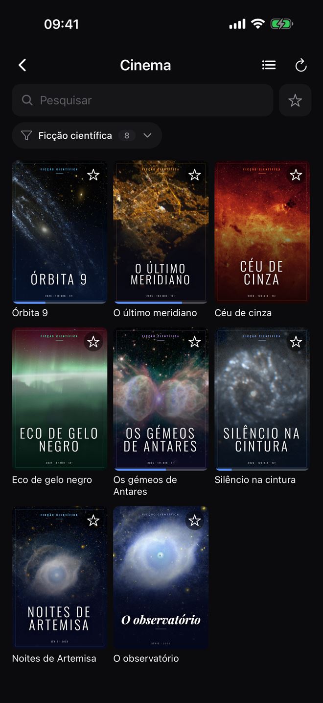 Grelha de capas com barras de progresso no Plei