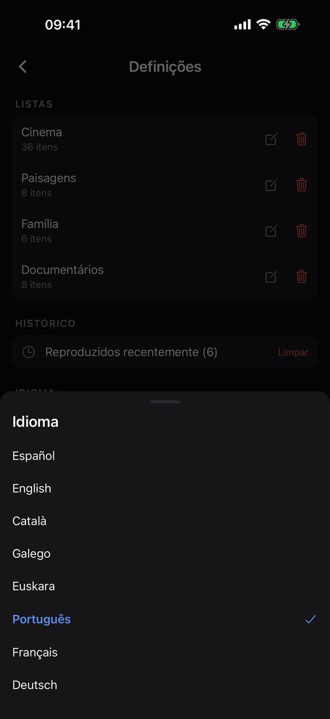 Seletor de idioma do Plei com 8 idiomas