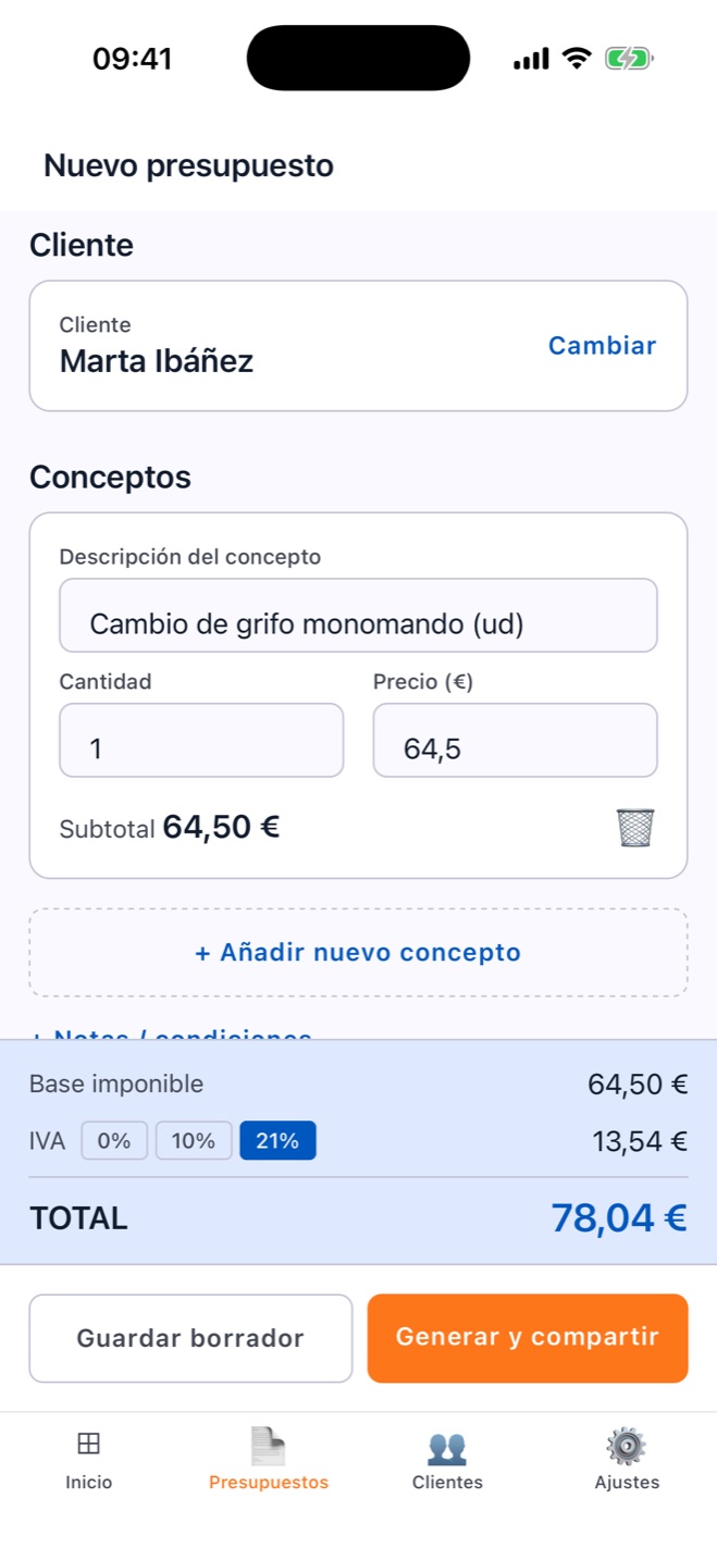 Presupusta quote editor with client, items, VAT and total