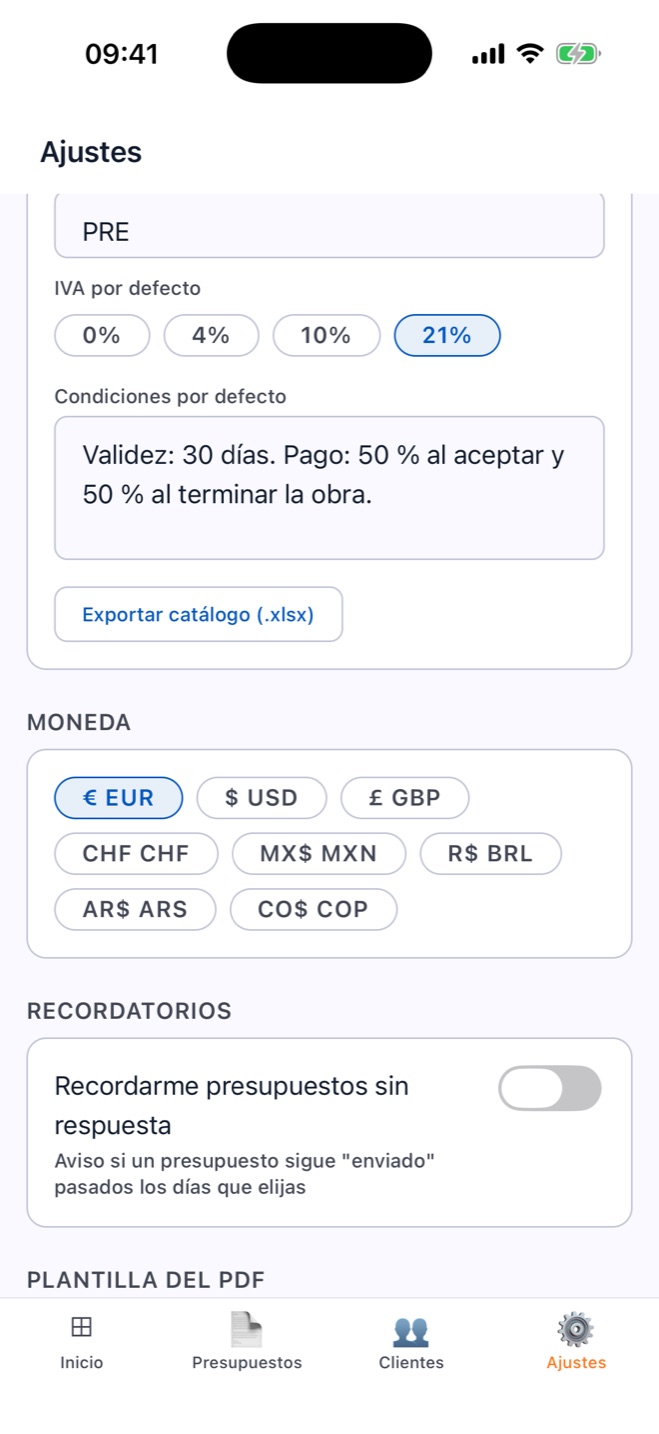 Presupusta settings with default VAT, terms, currency and reminders