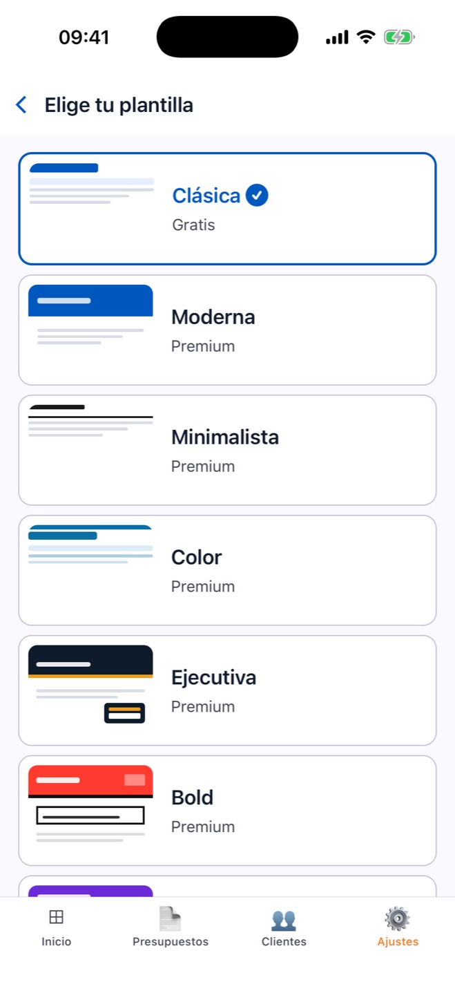 Presupusta PDF template picker and a quote using the Bold template