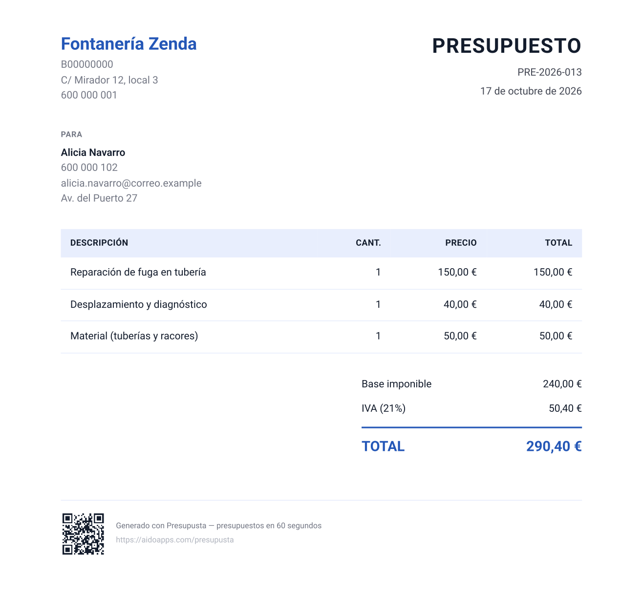 Example quote PDF made by Presupusta with company details, items, VAT and total