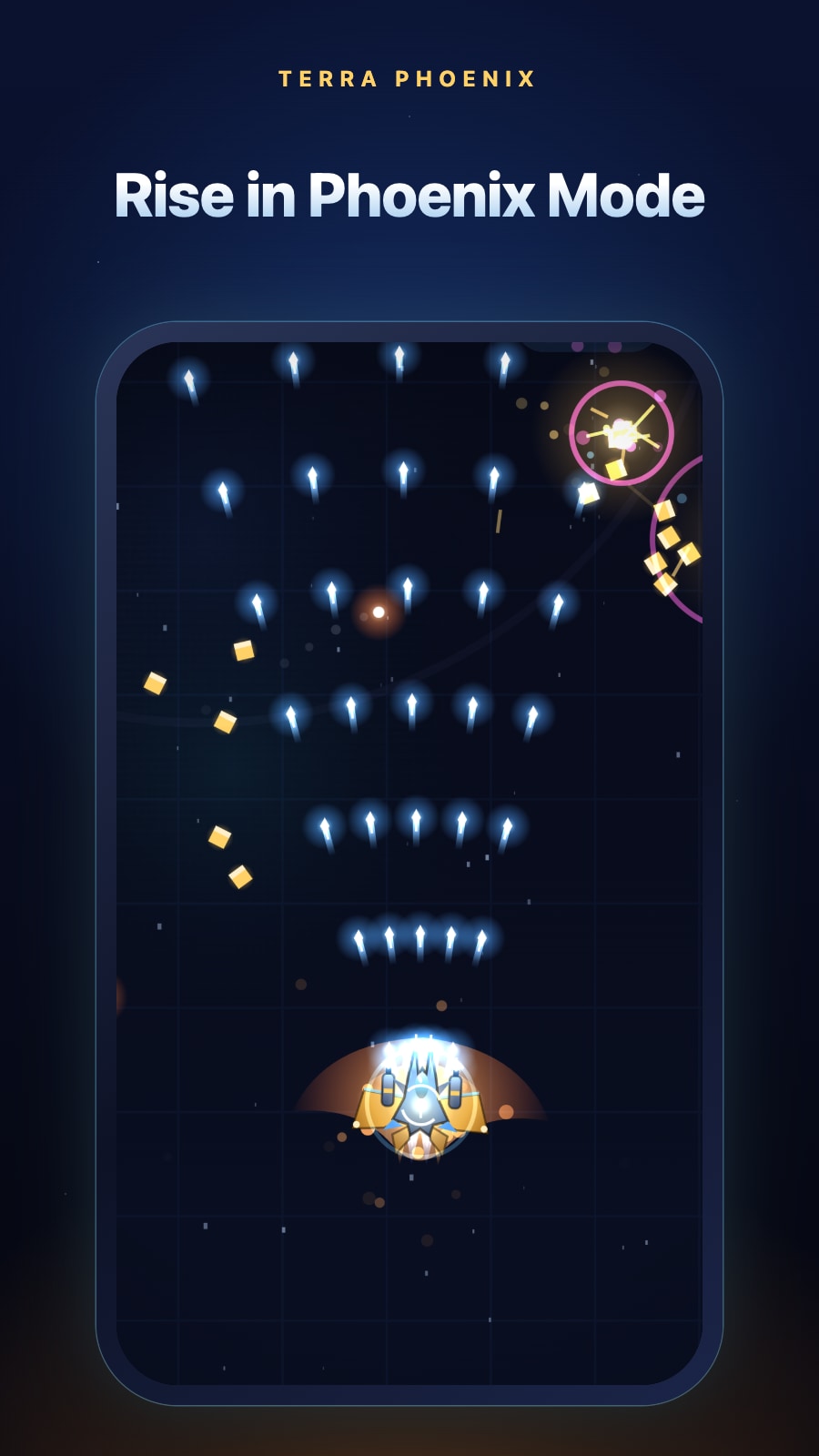 Phoenix Mode active: the ship wrapped in fire above a storm of shots.