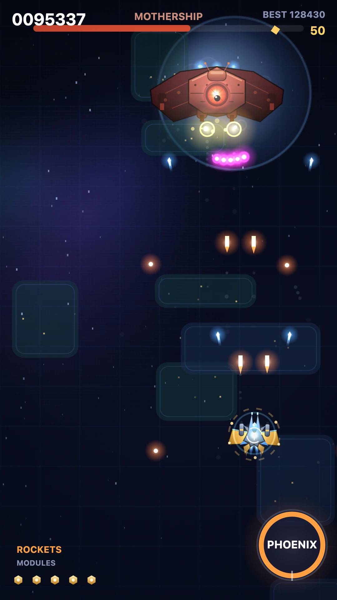 Fight against the Mothership: a red fortress with a central eye fires magenta orbs.