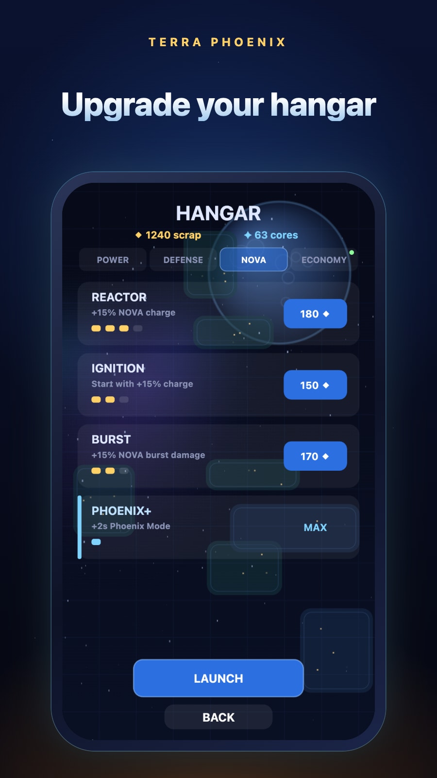 The hangar with power, fire rate and overcharge upgrades.