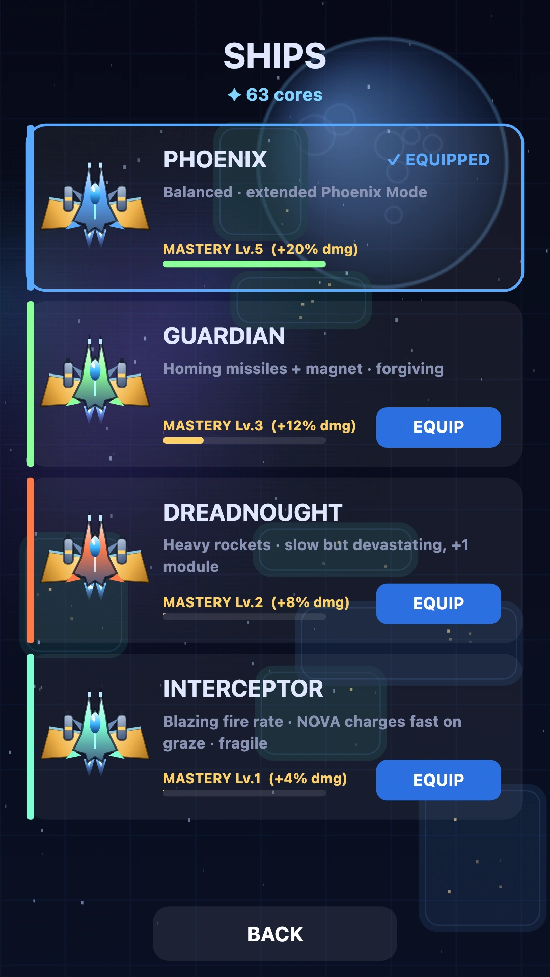 Ship selection screen in Terra Phoenix showing Phoenix, Guardian, Dreadnought and Interceptor.