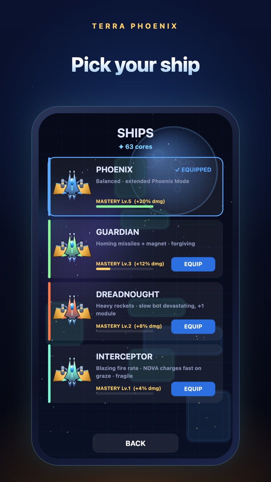 Ship selection: Phoenix, Guardian, Dreadnought and Interceptor with their mastery.