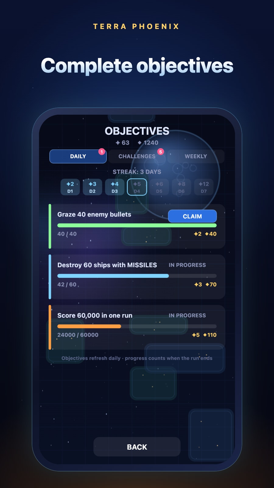 Daily objectives, streak and permanent challenges screen.
