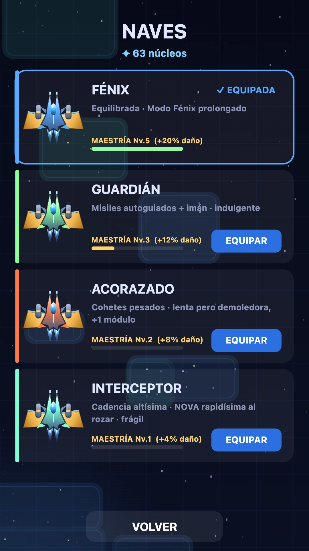 Pantalla de selección de naves de Terra Phoenix con Fénix, Guardián, Acorazado e Interceptor.