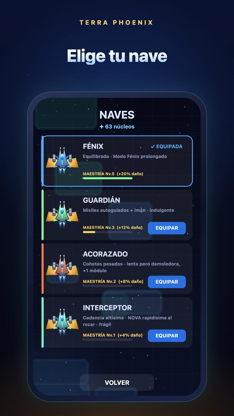 Selección de nave: Fénix, Guardián, Acorazado e Interceptor con su maestría.