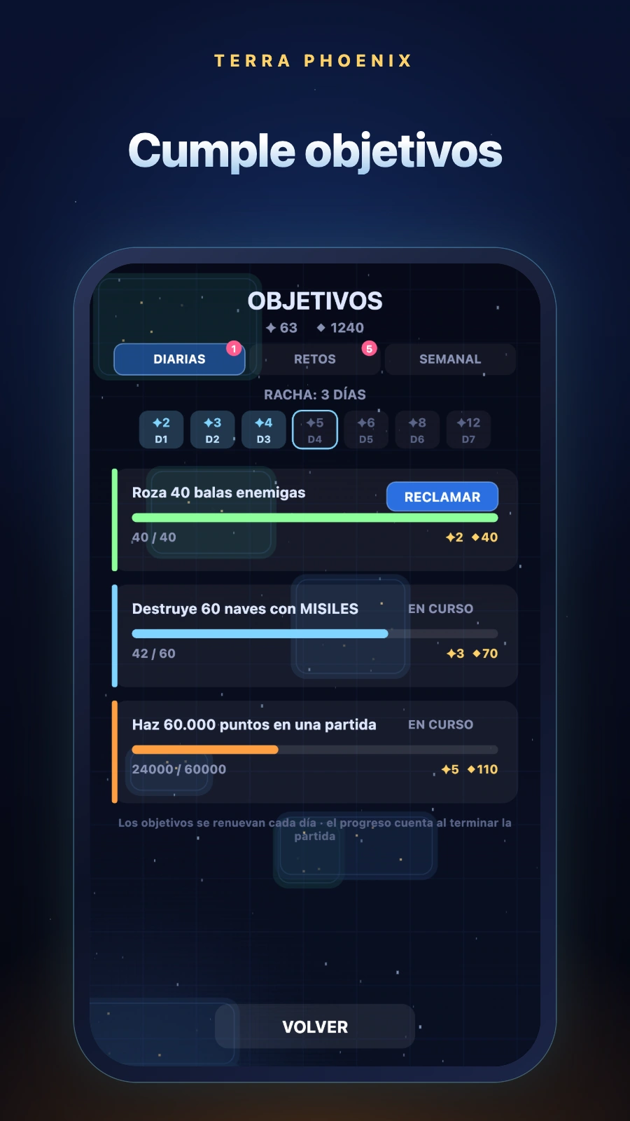 Pantalla de objetivos diarios, racha y retos permanentes.